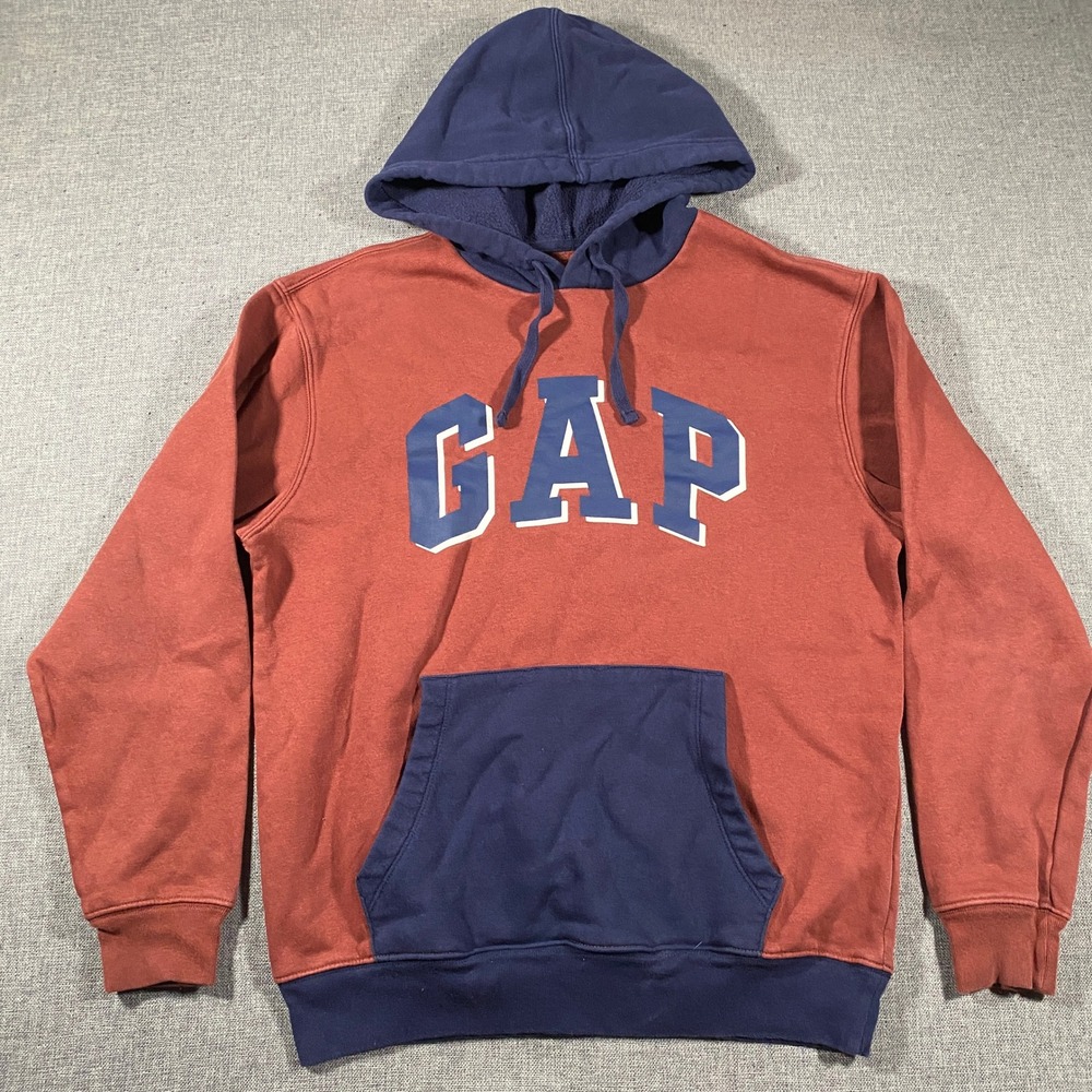 GAP Logo Hoodie Mens XS Maroon Blue Colorblock Fleece Pullover Spellout Fleece